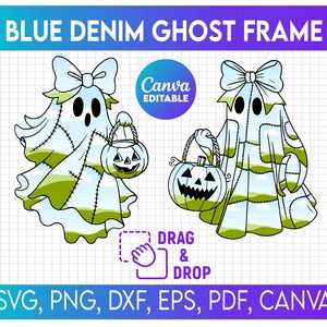 Puede incluir: Gráfico digital con dos fantasmas de dibujos animados con patchwork de mezclilla azul y detalles verdes, cada uno con una cesta de calabaza. El texto dice "BLUE DENIM GHOST FRAME" y se muestran las opciones de tipo de archivo.