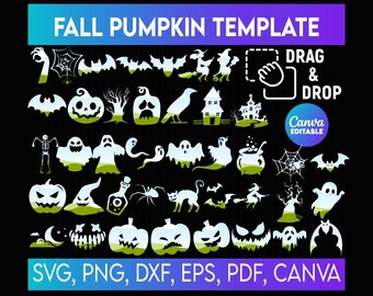 Halloween Canva Frames Bundle, Retro Skeleton, Autumn Spooky Season Svg, Sublimation Designs, Ghost Design, Scary Pumpkin, Drag & Drop