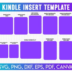 May include: A digital template with a grid layout, featuring purple rectangles labeled for various Kindle models, including "Kindle Basic" and "Kindle Paperwhite." The text "KINDLE INSERT TEMPLATE" is at the top, with file format options at the bottom.