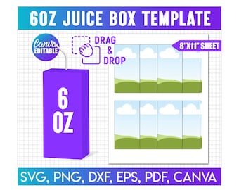 Könnte beinhalten: Eine lila 177 ml Saftbox-Vorlage mit dem Text "6OZ JUICE BOX TEMPLATE". Das Design beinhaltet eine "Drag & Drop"-Funktion und ist ein 20,32 cm x 27,94 cm großes Blatt. Dateiformate sind SVG, PNG, DXF, EPS, PDF und Canva.