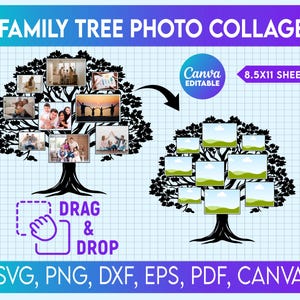Family Tree Collage Template, Tree Wall Decor, Family Tree Wall Art, Wooden Family Tree With Photo Frames, Family Reunion,Family Tree Poster