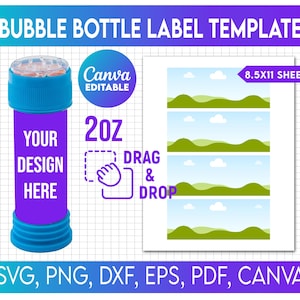 Peut inclure: Un modèle d'étiquette de bouteille à bulles avec le texte "Bubble Bottle Label Template". La conception comprend un graphique de bouteille à bulles, le texte "Your Design Here" et le texte "20oz". Le modèle est pour une feuille de 8,5x11 et est modifiable avec Canva.
