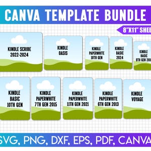 Può includere: Grafica di un pacchetto di modelli Canva con il testo "CANVA TEMPLATE BUNDLE" e "8"X11" SHEET". L'immagine presenta diverse grafiche rettangolari con testo come "KINDLE SCRIBE 2022-2024" e "KINDLE OASIS". La parte inferiore dell'immagine include "SVG, PNG, DXF, EPS, PDF, CANVA".