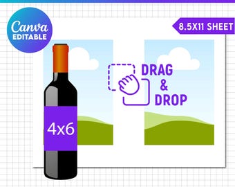May include: A printable wine label template with a blue sky, white clouds, and green hills. The template is designed for a 4x6 inch label and is compatible with Canva. The text "DRAG & DROP" is included on the template.