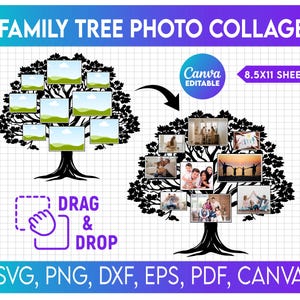 Family Tree Collage Template, Tree Wall Decor, Family Tree Wall Art, Wooden Family Tree With Photo Frames, Family Reunion,Family Tree Poster