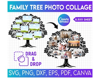 Family Tree Collage Template, Tree Wall Decor, Family Tree Wall Art, Wooden Family Tree With Photo Frames, Family Reunion,Family Tree Poster