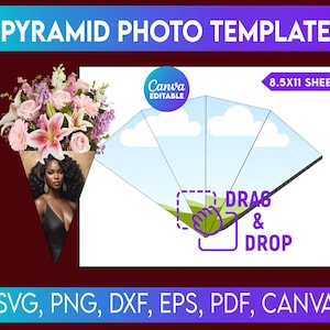 May include: A digital template for a pyramid photo display. The design includes a graphic of a woman, flowers, and a pyramid shape with the text "DRAG & DROP". The template is 8.5x11 inches and editable in Canva. File formats include SVG, PNG, DXF, EPS, and PDF.