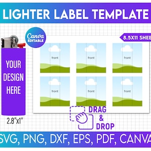 May include: A template for lighter labels with the text "LIGHTER LABEL TEMPLATE". The design includes a purple area with the text "YOUR DESIGN HERE" and dimensions of 2.8"x1". It also features a grid of six label templates, the text "DRAG & DROP", and file type options.
