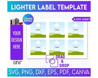 Może przedstawiać: Szablon etykiety na zapalniczkę z tekstem "LIGHTER LABEL TEMPLATE". Projekt zawiera fioletowy obszar z tekstem "YOUR DESIGN HERE" i wymiarami 7,1 cm x 2,5 cm. Zawiera również siatkę sześciu szablonów etykiet, tekst "DRAG & DROP" oraz opcje typu pliku.