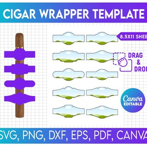 May include: A digital cigar wrapper template with a brown cigar and purple bands. The design includes multiple wrapper layout options, a "Drag & Drop" graphic, and the text "CIGAR WRAPPER TEMPLATE". The template is available in SVG, PNG, DXF, EPS, PDF, and Canva formats.