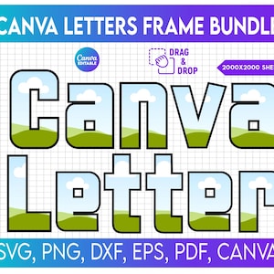 Puede incluir: Una plantilla de diseño gráfico digital para Canva que presenta la palabra "Canva" y la palabra "Letter" en una fuente estilizada con una escena de paisaje detrás de cada letra. Las letras están delineadas en negro y tienen un cielo azul con nubes blancas y hierba verde. El texto "DRAG & DROP" y "2000X2000 SHEET" también se incluye en la imagen. La imagen está sobre un fondo de cuadrícula blanca.