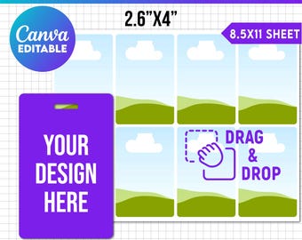Puede incluir: Una plantilla de etiqueta de equipaje con una etiqueta morada que dice "YOUR DESIGN HERE". La plantilla mide 6,6 cm x 10,2 cm y viene en una hoja de 21,6 cm x 27,9 cm. El diseño incluye el texto "DRAG & DROP" y "Canva EDITABLE".