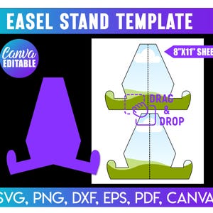 Könnte beinhalten: Digitale Staffelei-Vorlage mit einer lila Silhouette und einem Diagramm mit "Drag & Drop"-Anweisungen. Das Design enthält den Text "EASEL STAND TEMPLATE" und "8"x11" SHEET". Dateiformate: SVG, PNG, DXF, EPS, PDF und CANVA.
