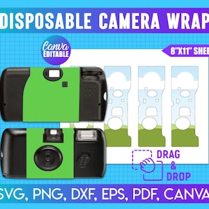 Könnte beinhalten: Zwei schwarze und grüne Einwegkameras mit einem grünen Wrap-Design. Das Bild enthält den Text "DISPOSABLE CAMERA WRAP", "8"X11" SHEET" und "DRAG & DROP". Das Bild enthält auch den Text "SVG, PNG, DXF, EPS, PDF, CANVA".