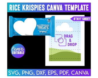 Może przedstawiać: Cyfrowy szablon dla Rice Krispies Treats, z niebieskim opakowaniem i wzorem w kształcie serca. Szablon zawiera arkusz 20x28 cm z funkcją przeciągnij i upuść i jest edytowalny w Canva. Formaty plików: SVG, PNG, DXF, EPS, PDF i Canva.