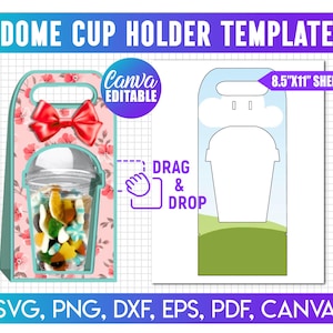 Può includere: Un modello per un portabicchieri a cupola con un bicchiere di plastica trasparente pieno di caramelle colorate. Il design include un fiocco rosso, un motivo floreale e il testo "DOME CUP HOLDER TEMPLATE". È progettato per un foglio A4 ed è modificabile su Canva.