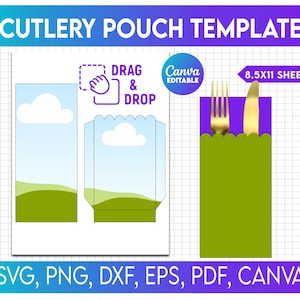 May include: A digital template for a cutlery pouch, featuring a design with a sky and grass landscape. The image includes the text "CUTLERY POUCH TEMPLATE", "DRAG & DROP", and "Canva EDITABLE". The template is designed for an A4 sheet and is available in SVG, PNG, DXF, EPS, PDF, and Canva formats.