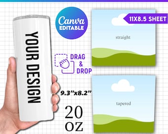 Modelo de copo fino de 20 onças, copo fino envoltório completo, reto cônico, modelo de sublimação de copo, Canva editável, modelo de copo SVG