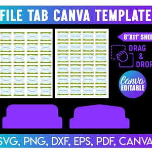 Könnte beinhalten: Eine digitale Canva-Vorlage für Dateireiter mit dem Text "FILE TAB CANVA TEMPLATE". Das Design umfasst mehrere Dateireitergrafiken, den Text "8"X11" SHEET" und die Wörter "DRAG & DROP". Die Dateiformate sind SVG, PNG, DXF, EPS, PDF und Canva.