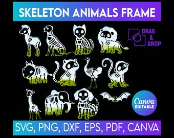 12 Skeleton Animal Canva Frame, Skeleton Animal Clipart Bundle, Cute Halloween Animal PNG, Canva Frame Template bundle, drag and drop canva