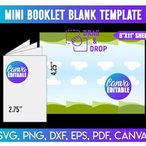 May include: A digital template for a mini booklet, featuring the text "MINI BOOKLET BLANK TEMPLATE". The design includes a booklet mockup with dimensions of 2.75" x 4.25" and a sheet size of 8" x 11". The design is Canva editable.