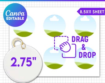 May include: A digital template for creating 2.75 inch round ornaments. The template features a white background with four pre-designed ornaments featuring a blue sky, white clouds, and green hills. The text "DRAG & DROP" is displayed in purple with a purple hand icon. The text "2.75" is displayed in purple on a white circle. The text "8.5X11 SHEET" is displayed in white on a yellow rectangle. The text "Canva EDITABLE" is displayed in white on a blue rectangle. The text "SVG, PNG, DXF, EPS, PDF, CANVA" is displayed in black at the bottom of the template.