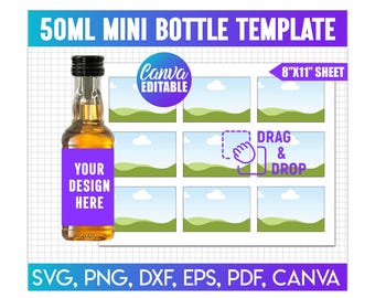 May include: A 50ml mini bottle template with a purple label that says "YOUR DESIGN HERE." The image includes a sheet with multiple landscape templates and the text "DRAG & DROP." The text "8"X11" SHEET" is also visible.