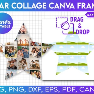 Pode incluir: Um modelo Canva para uma colagem de fotos em forma de estrela. O modelo &eacute; dividido em 25 quadrados, com uma fun&ccedil;&atilde;o de arrastar e soltar para adicionar fotos. O modelo &eacute; projetado para uma folha de papel de 8,5x11 polegadas. O texto "DRAG & DROP" &eacute; vis&iacute;vel na imagem.