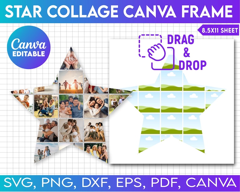 Pode incluir: Um modelo Canva para uma colagem de fotos em forma de estrela. O modelo &eacute; dividido em 25 quadrados, com uma fun&ccedil;&atilde;o de arrastar e soltar para adicionar fotos. O modelo &eacute; projetado para uma folha de papel de 8,5x11 polegadas. O texto "DRAG & DROP" &eacute; vis&iacute;vel na imagem.