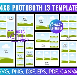 May include: A digital template for a 4x6 photo booth layout. The design features multiple photo placeholders with text labels, including "4x6" and "2x6" sizes. The template is labeled "4x6 Photobooth 13 Template" and includes the text "Drag & Drop" and "Canva Editable".