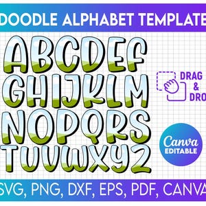 Op de afbeelding: Een Doodle Alphabet Template met bubbelletters. Elke letter is wit met een zwarte omtrek en een groene en blauwe landschapsvulling. De afbeelding bevat de tekst "DRAG & DROP" en "Canva EDITABLE".
