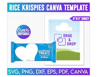 Może przedstawiać: Cyfrowy szablon projektu dla Rice Krispies Treats, z niebiesko-białym opakowaniem, edytowalnym logo Canva i arkuszem 8"x11" z instrukcjami przeciągnij i upuść. Zawiera formaty plików SVG, PNG, DXF, EPS, PDF i Canva.