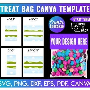Könnte beinhalten: Eine digitale Canva-Vorlage für Tüten mit verschiedenen Größen, darunter 10,16 cm x 4,83 cm, 16,51 cm x 5,08 cm, 7,62 cm x 7,62 cm und 16,51 cm x 6,35 cm. Das Design zeigt eine Tüte gefüllt mit bunten Süßigkeiten, mit dem Text "Your Design Here". Die Vorlage ist editierbar.