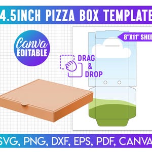 May include: A 4.5-inch pizza box template with a closed box and a diagram of an open box. The design includes the text "4.5INCH PIZZA BOX TEMPLATE", "8"X11" SHEET", and "Canva EDITABLE". The template is available in SVG, PNG, DXF, EPS, PDF, and Canva formats.