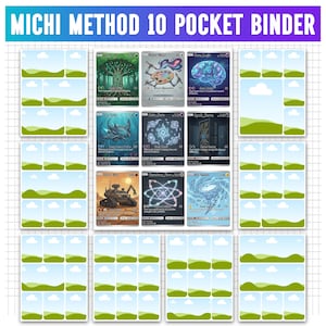 May include: A Michi Method 10 Pocket Binder page featuring a grid of empty card slots with a light blue sky and green hill graphic. The center section displays nine illustrated trading cards with various fantasy and science fiction designs.
