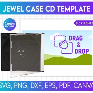 Könnte beinhalten: Eine schwarze und transparente Jewel Case CD-Vorlage mit einer Drag-and-Drop-Anweisung auf weißem Hintergrund. Die Vorlage ist 8,5 x 11 Zoll groß und kann in Canva bearbeitet werden. Die Vorlage ist in den Formaten SVG, PNG, DXF, EPS, PDF und Canva verfügbar.