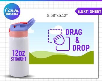 12oz Flip Top Kids Water Bottle Template, Flip Top Tumbler Template, Flip Top Straight Tumbler, Sublimation Template, svg, Canva Editable