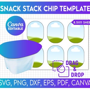 Może przedstawiać: Cyfrowy szablon do chipsów typu snack stack, z niebiesko-fioletowym pojemnikiem na chipsy. Projekt zawiera arkusz z sześcioma owalnymi ramkami z krajobrazem i tekstem "SNACK STACK CHIP TEMPLATE". Szablon ma wymiary 8,5x11 cali i jest edytowalny w Canva.