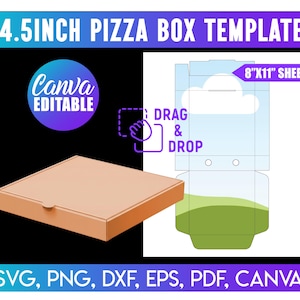 May include: A tan 4.5-inch pizza box template with a matching lid, and a diagram of the box's layout. The image includes the text "4.5INCH PIZZA BOX TEMPLATE", "Canva EDITABLE", and "DRAG & DROP". The template is designed for an 8"x11" sheet.
