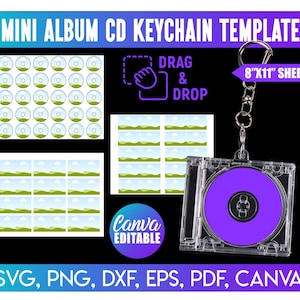 Puede incluir: Una plantilla para un llavero de CD de mini álbum. El diseño incluye una funda de CD de plástico transparente con un CD morado en el interior, un llavero plateado y varios elementos de diseño. El texto incluye "MINI ALBUM CD KEYCHAIN TEMPLATE", "DRAG & DROP", "8"X11" SHEET" y "Canva EDITABLE".