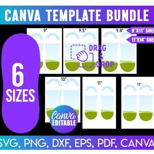 May include: A digital Canva template bundle graphic with the text "CANVA TEMPLATE BUNDLE". The image shows six sizes of templates, ranging from 9" to 12", with "8"X11" SHEET" and "11"X14" SHEET" sizes. The graphic also includes the text "6 SIZES", "DRAG & DROP", and "Canva EDITABLE".