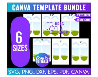 May include: A digital Canva template bundle graphic with the text "CANVA TEMPLATE BUNDLE". The image shows six sizes of templates, ranging from 9" to 12", with "8"X11" SHEET" and "11"X14" SHEET" sizes. The graphic also includes the text "6 SIZES", "DRAG & DROP", and "Canva EDITABLE".