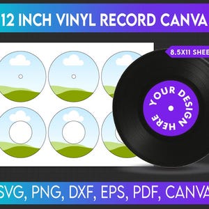 Puede incluir: Un disco de vinilo negro de 30,48 cm con una etiqueta morada que dice "YOUR DESIGN HERE". La imagen también muestra seis diseños circulares con un paisaje y el texto "12 INCH VINYL RECORD CANVA" y "8.5X11 SHEET."