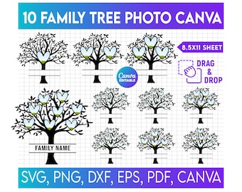 May include: A digital design featuring ten family tree illustrations with heart-shaped leaves. Each tree has a space for a family name. The design includes the text "10 FAMILY TREE PHOTO CANVA" and file type options.
