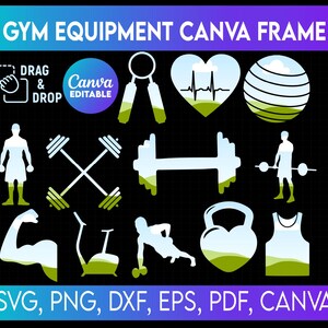 Op de afbeelding: Digitaal grafisch ontwerp met pictogrammen van fitnessapparatuur in wit en groen, waaronder dumbbells, een hartslagmeter en een fitnessbal. Tekst bevat "GYM EQUIPMENT CANVA FRAME", "DRAG & DROP" en bestandstype-opties.