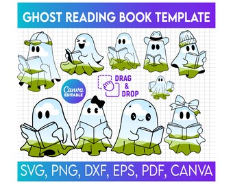 10 Ghost Reading Book Canva Template, Cute Ghost Book Nerd Clipart, Teacher Librarian Sublimation, Drag and Drop, Spooky Season Svg