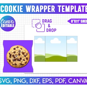 May include: A cookie wrapper template with a chocolate chip cookie in a purple wrapper. The design includes the text "COOKIE WRAPPER TEMPLATE", "DRAG & DROP", and "8"X11" SHEET". The template is Canva editable and available in SVG, PNG, DXF, EPS, PDF formats.