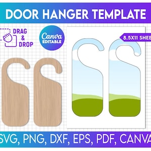 May include: A door hanger template with a light wood grain design and two door hanger cutouts. The template includes the text "DOOR HANGER TEMPLATE", "DRAG & DROP", and "Canva EDITABLE". The template is on an 8.5x11 sheet.