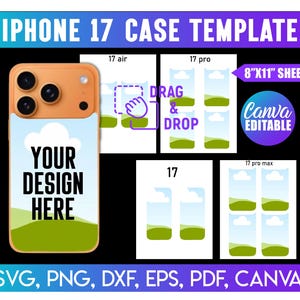 以下が含まれることがあります： 「YOUR DESIGN HERE」のテキストが表示された、桃色の電話ケースを備えたiPhone 17ケーステンプレート。さまざまなiPhoneモデルの追加テンプレートとファイル形式オプションが表示されています。
