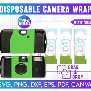 Może przedstawiać: Grafika przedstawiająca dwa aparaty jednorazowe w zielono-czarnej kolorystyce. Tekst "DISPOSABLE CAMERA WRAP" znajduje się na górze, z "8"x11" SHEET" po prawej stronie. Obraz zawiera również tekst "Canva EDITABLE" i "DRAG & DROP".